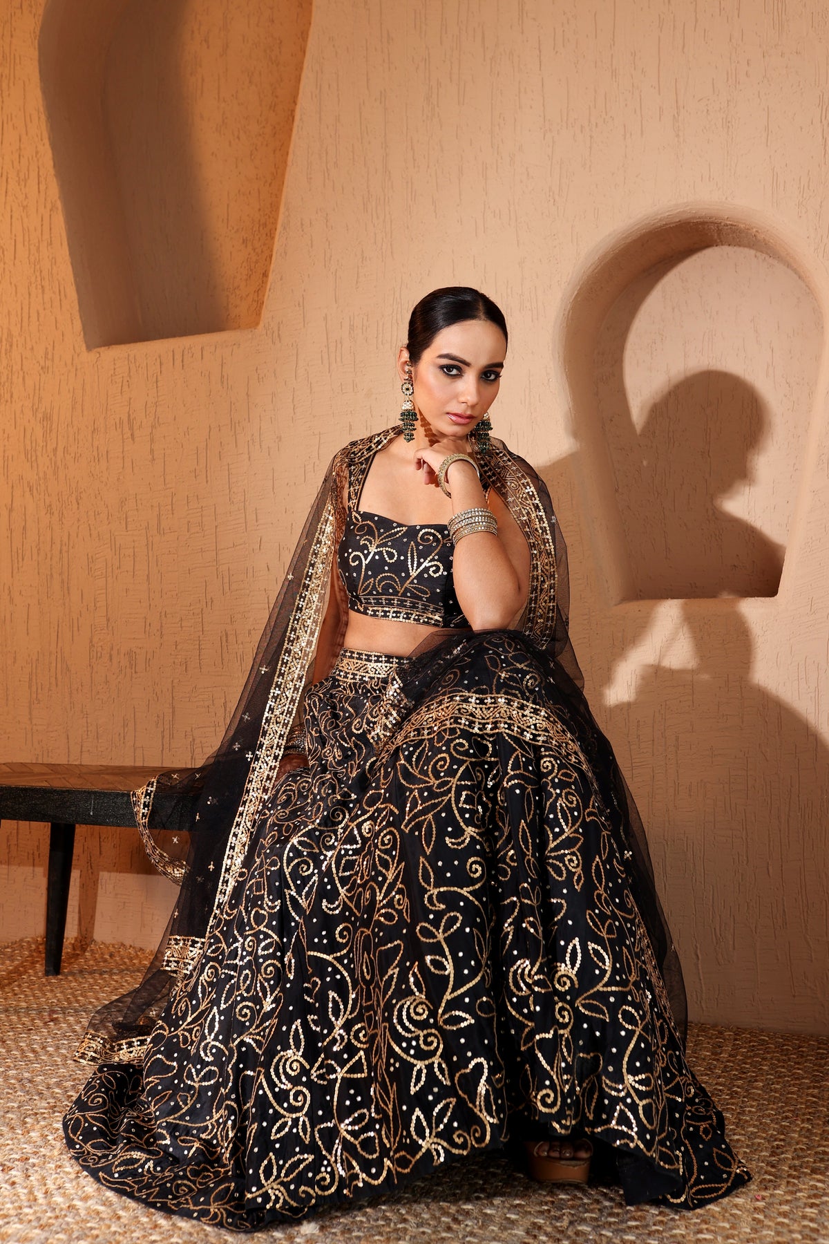 Nazakat Black Sequins & Mirror Work Lehenga Set