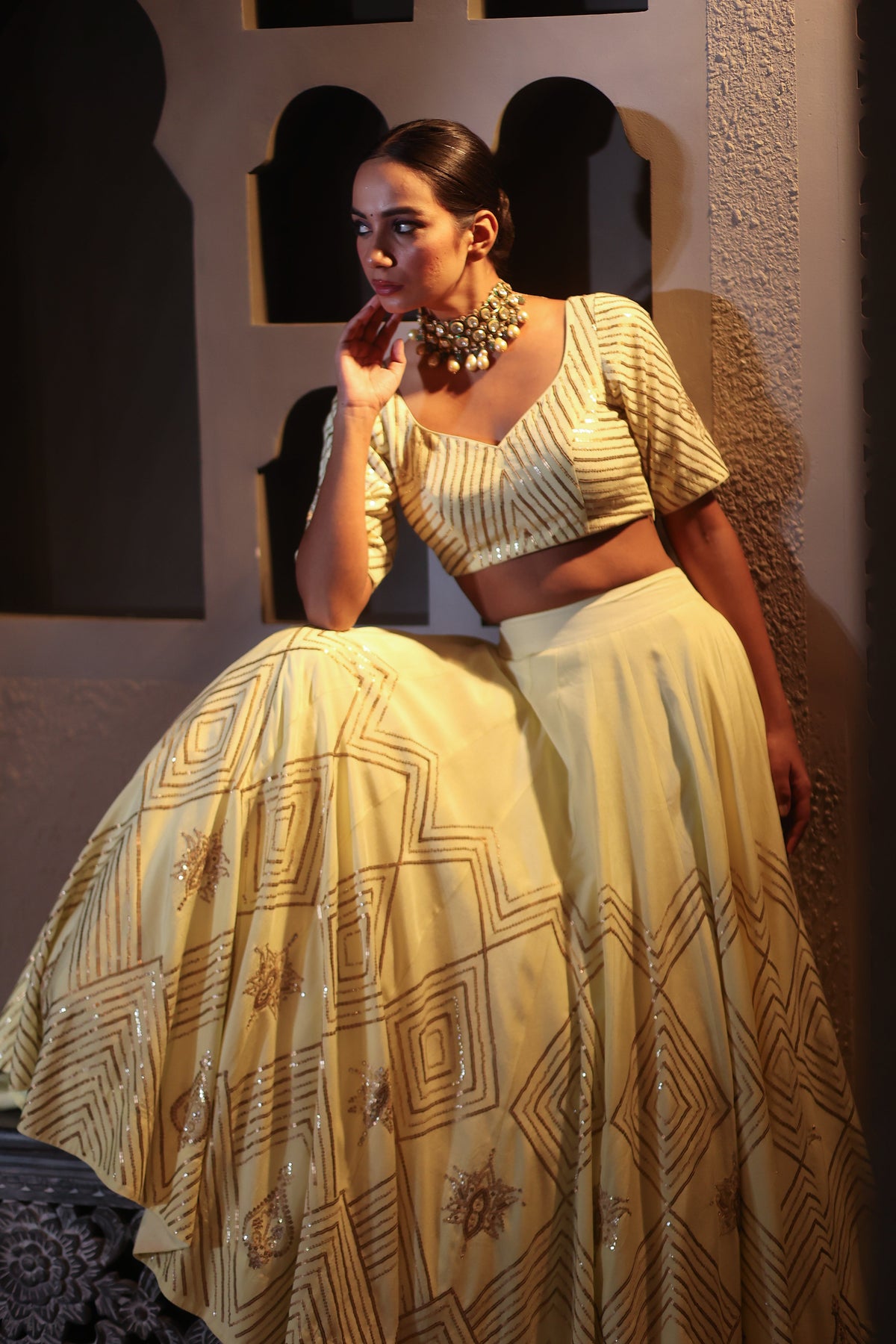 Nazakat Lemon Sequins Lehenga Set