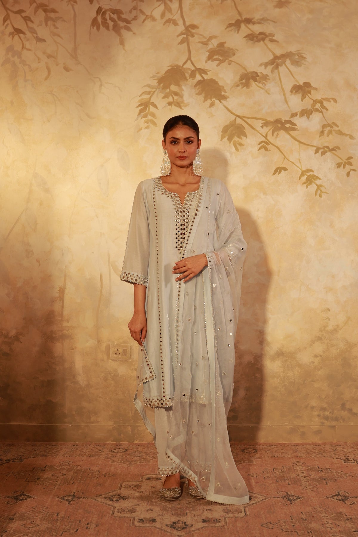 Nazakat Ice Blue Mirror Work Suit