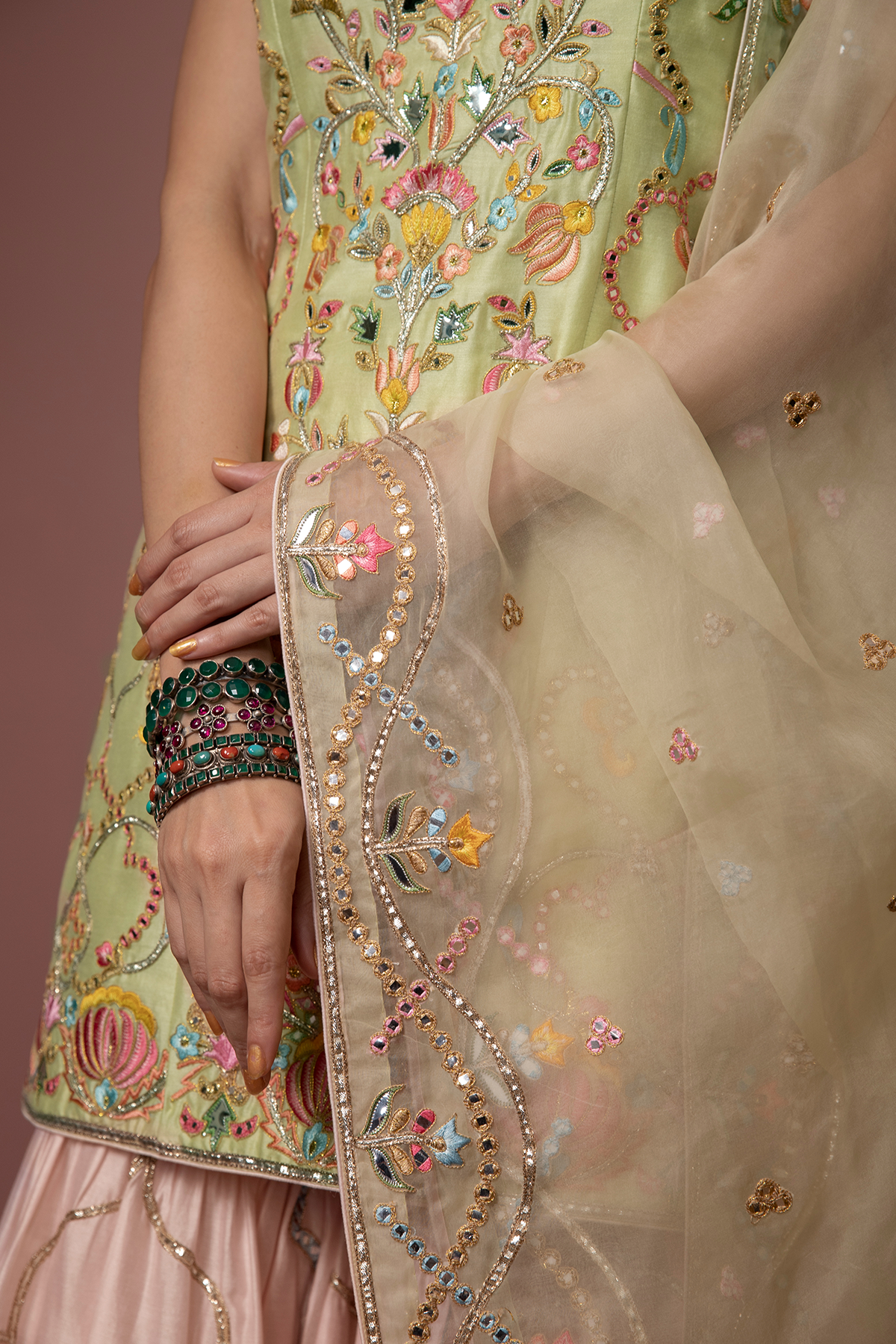 Green Kurta With Peach Gharara