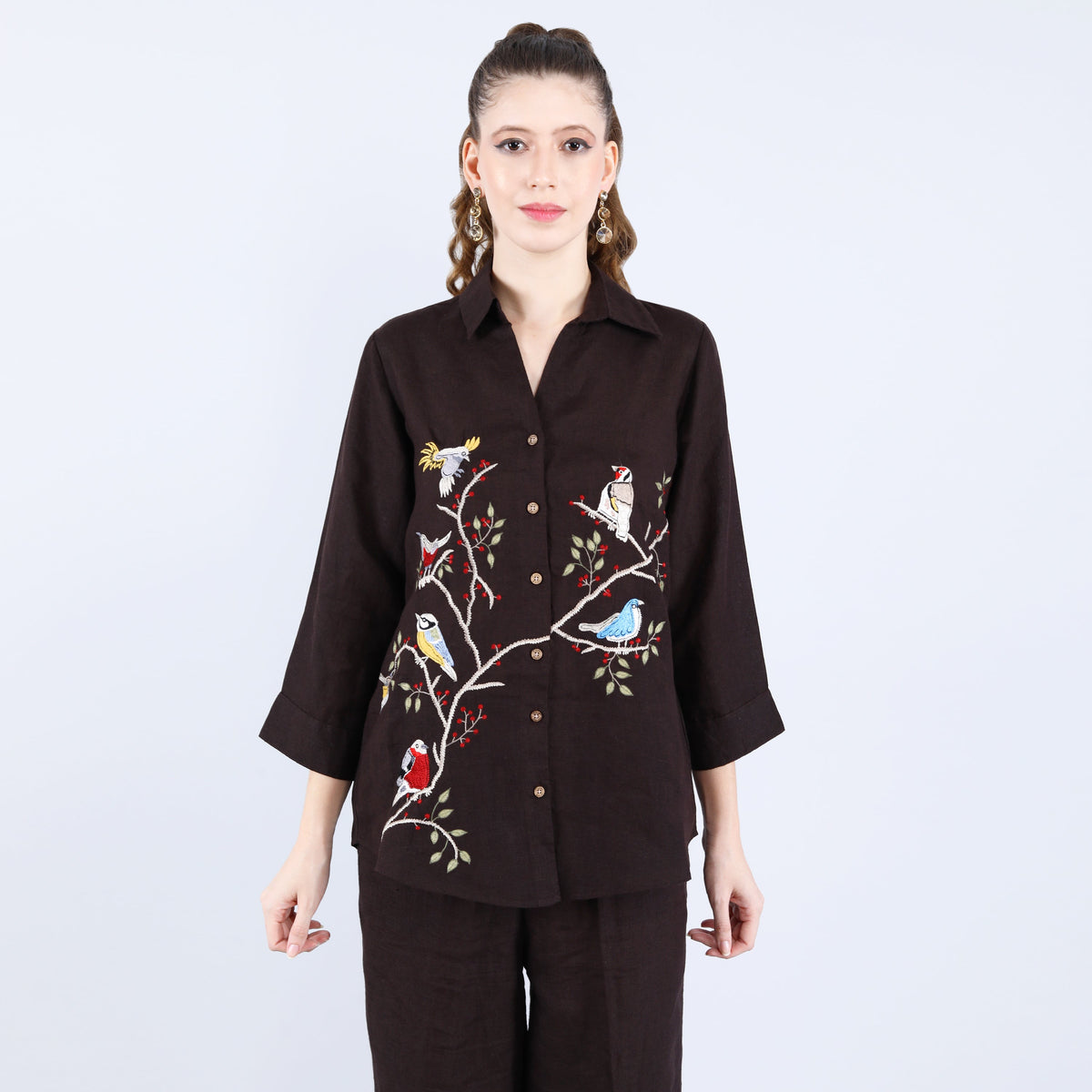 Choco Birds on Branch Embroidery Black Linen Shirt