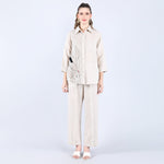 Beige Pleated Shirt with Leaf Embroidery Work