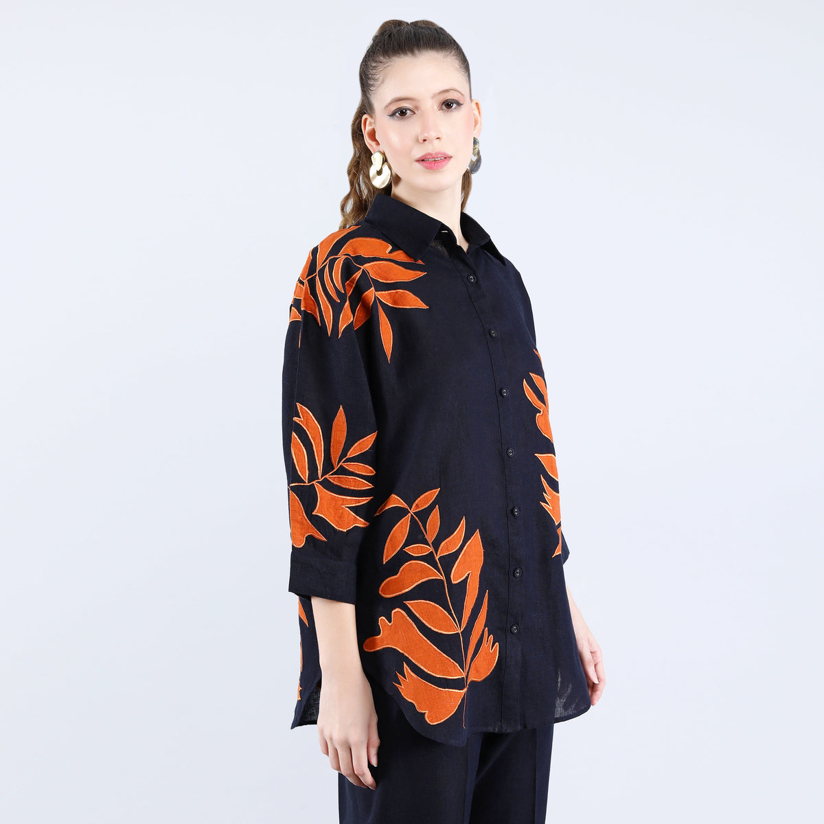 Navy and Orange Applique Embroidered Work Shirt