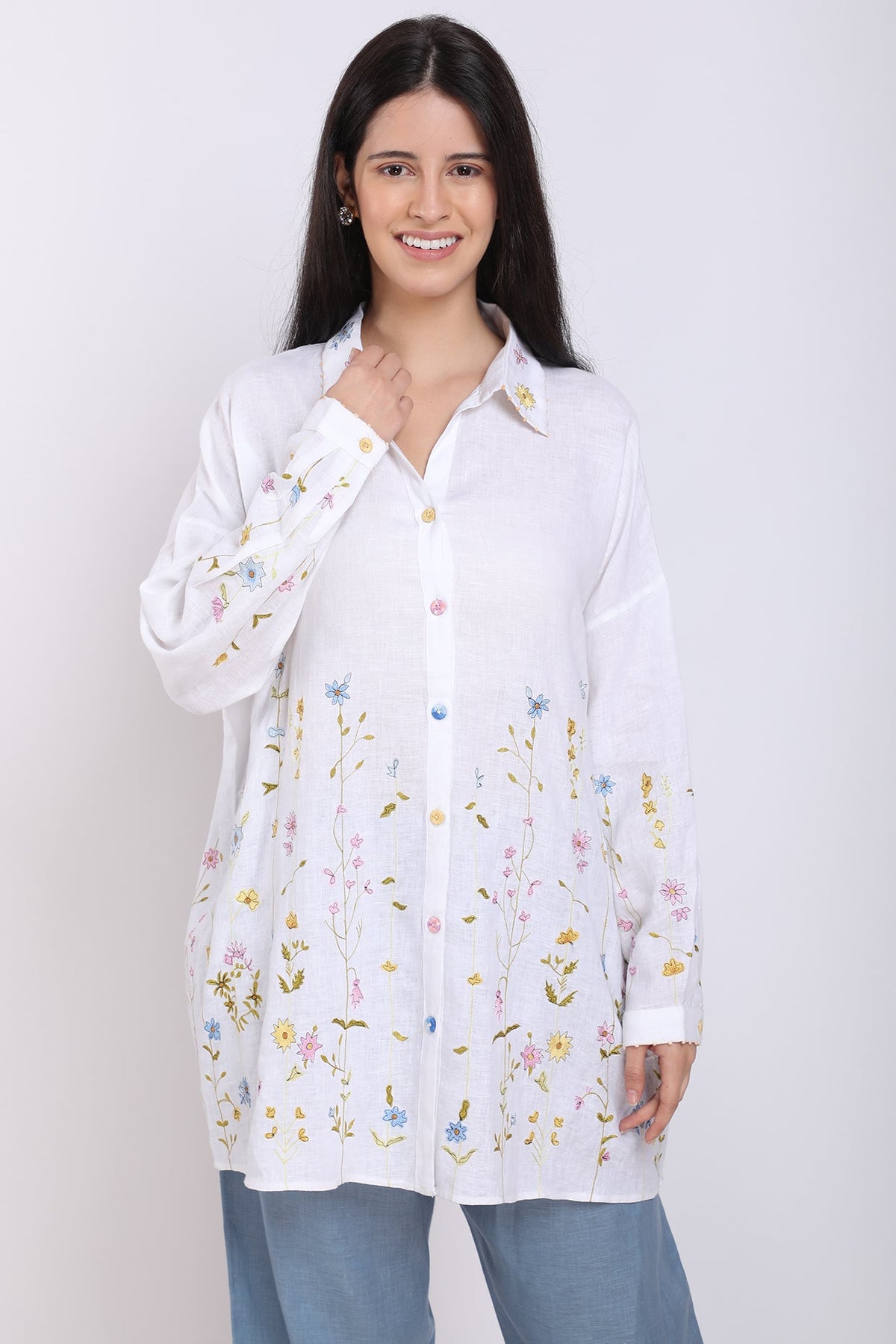 White Hand Embroidered Oversize Shirt