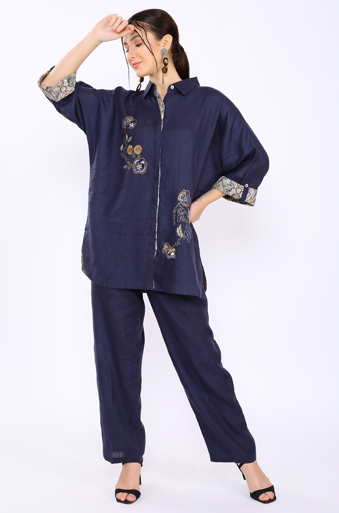 Navy Embroidered Lounge Big Shirt