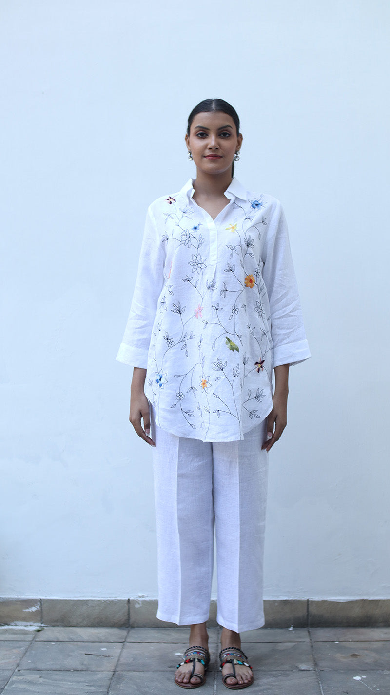 White Embroidered Lounge Shirt- 231001