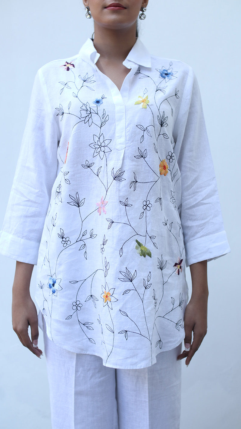 White Embroidered Lounge Shirt- 231001