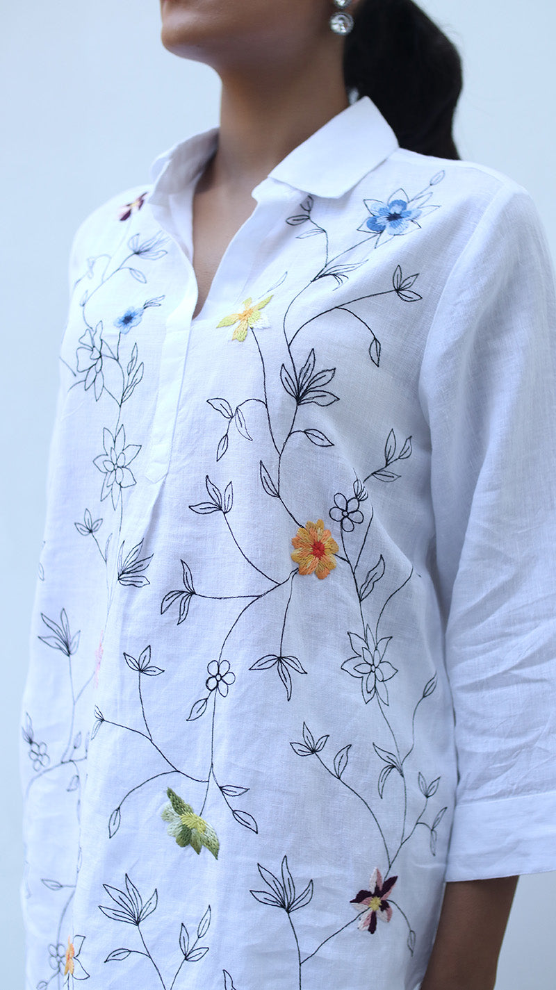 White Embroidered Lounge Shirt- 231001