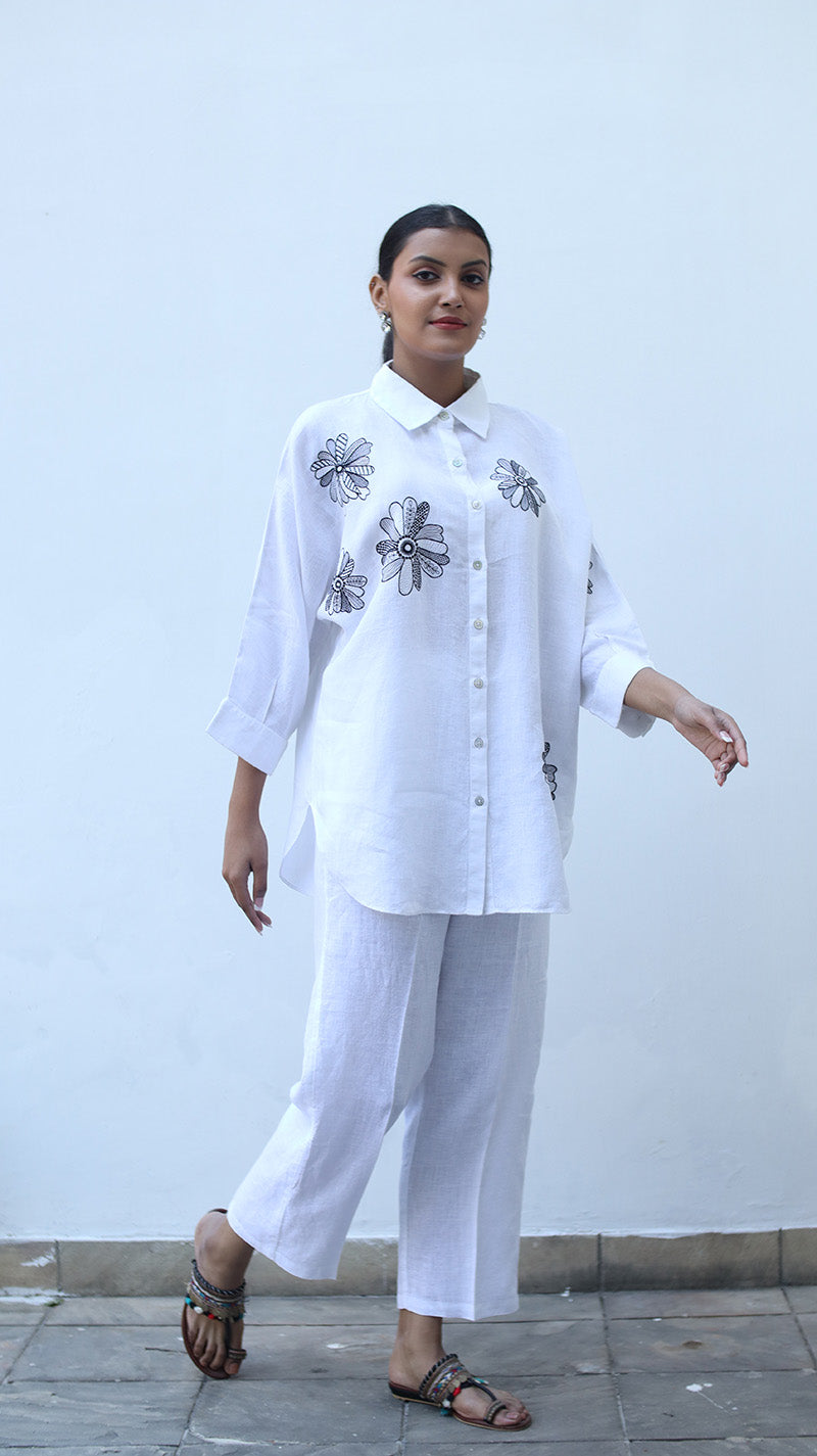 White Embroidered Lounge Shirt- 231002