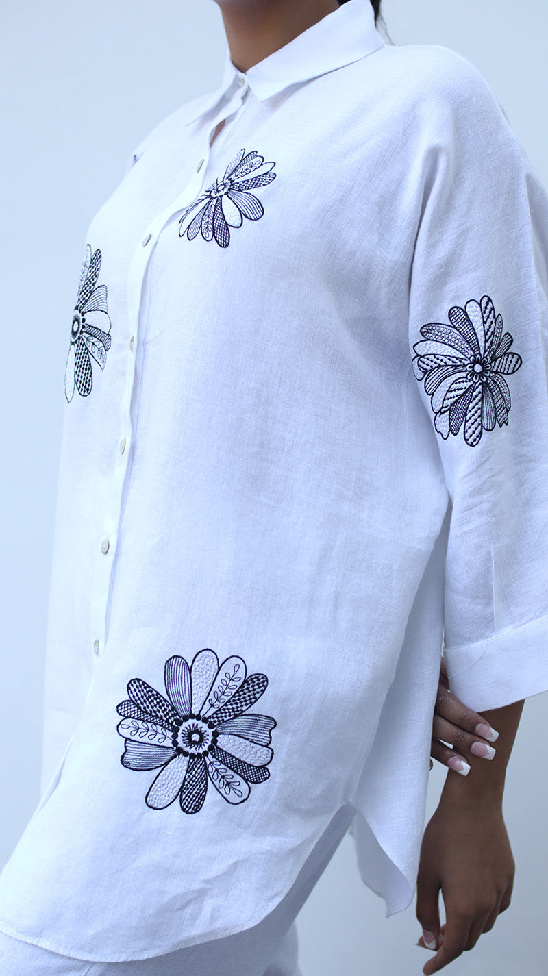 White Embroidered Lounge Shirt- 231002