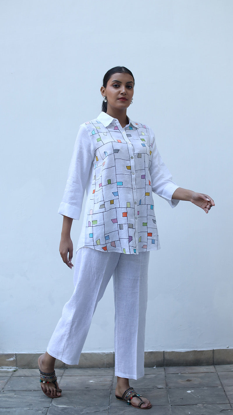 White Embroidered Lounge Shirt - 231026