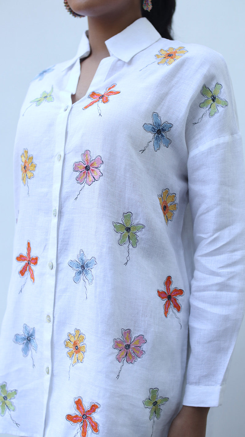 White Embroidered Lounge Shirt -231038