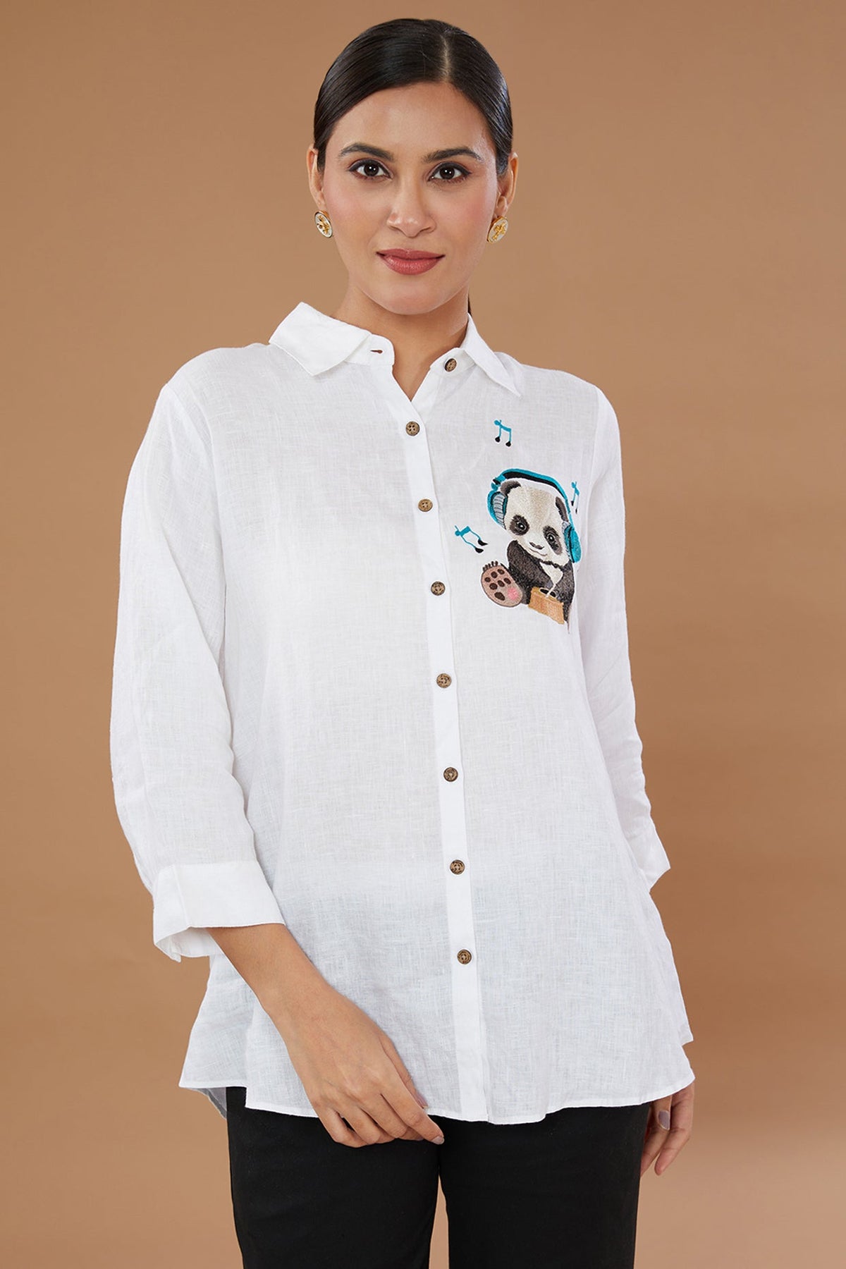 White Pure Linen Embroidered Shirt With Panda Hand Embroidery