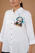 White Pure Linen Embroidered Shirt With Panda Hand Embroidery