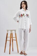 White Shirt with Colorful Bird Embroidary