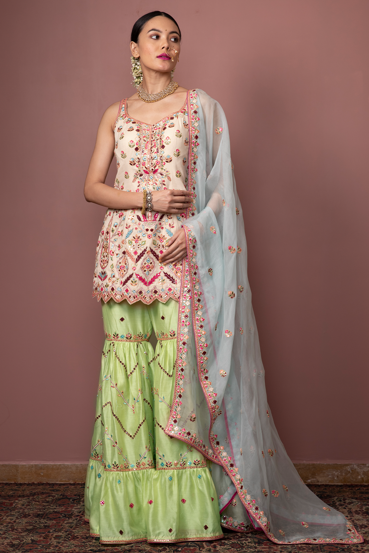 Ivory Kurta,Green Gharara Set
