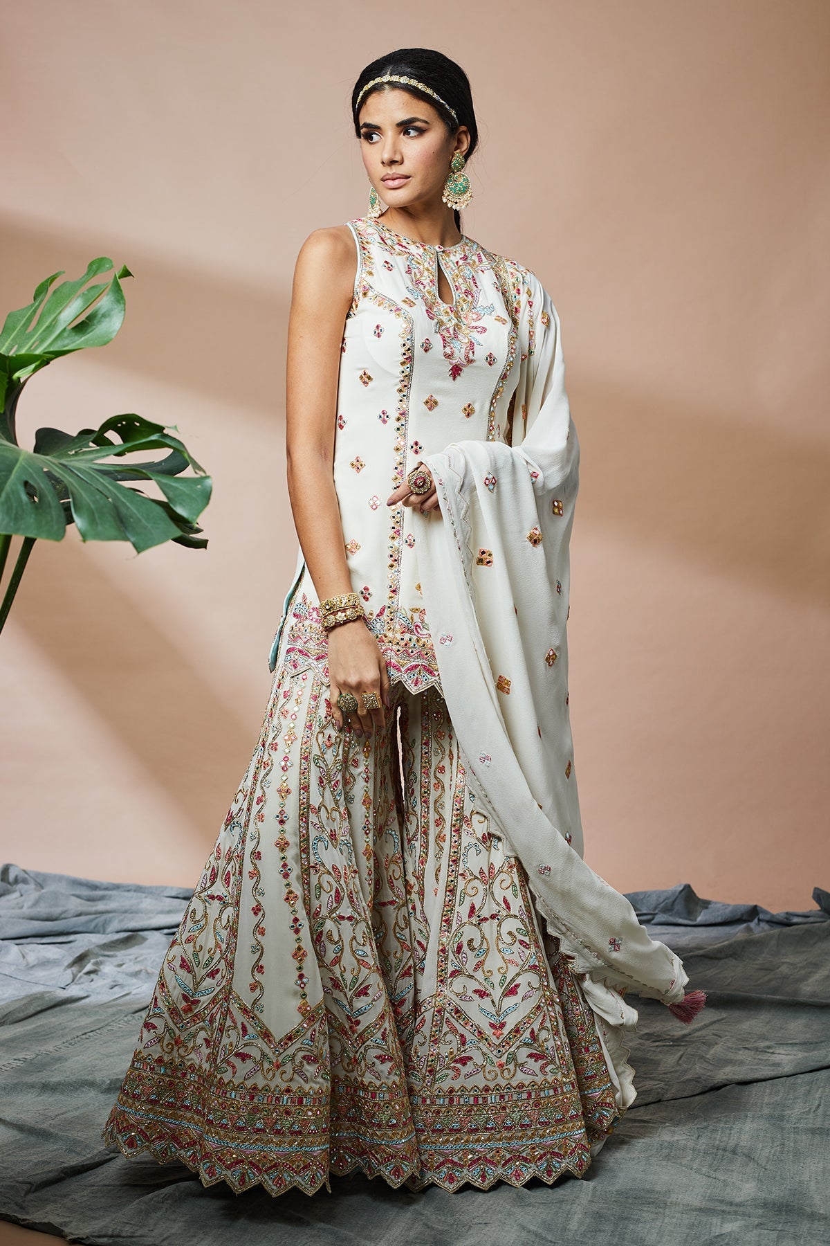 Ivory Georgette Incut Kurta With Sharara