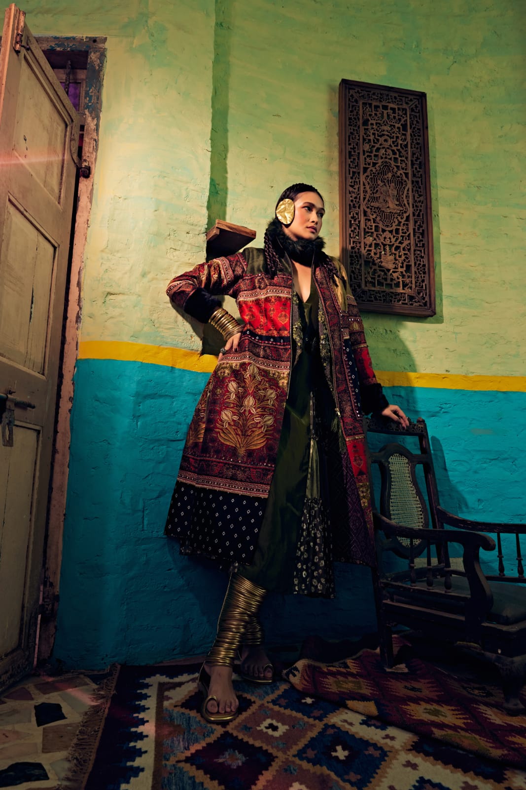 Multi color long jacket with bandhani knot print