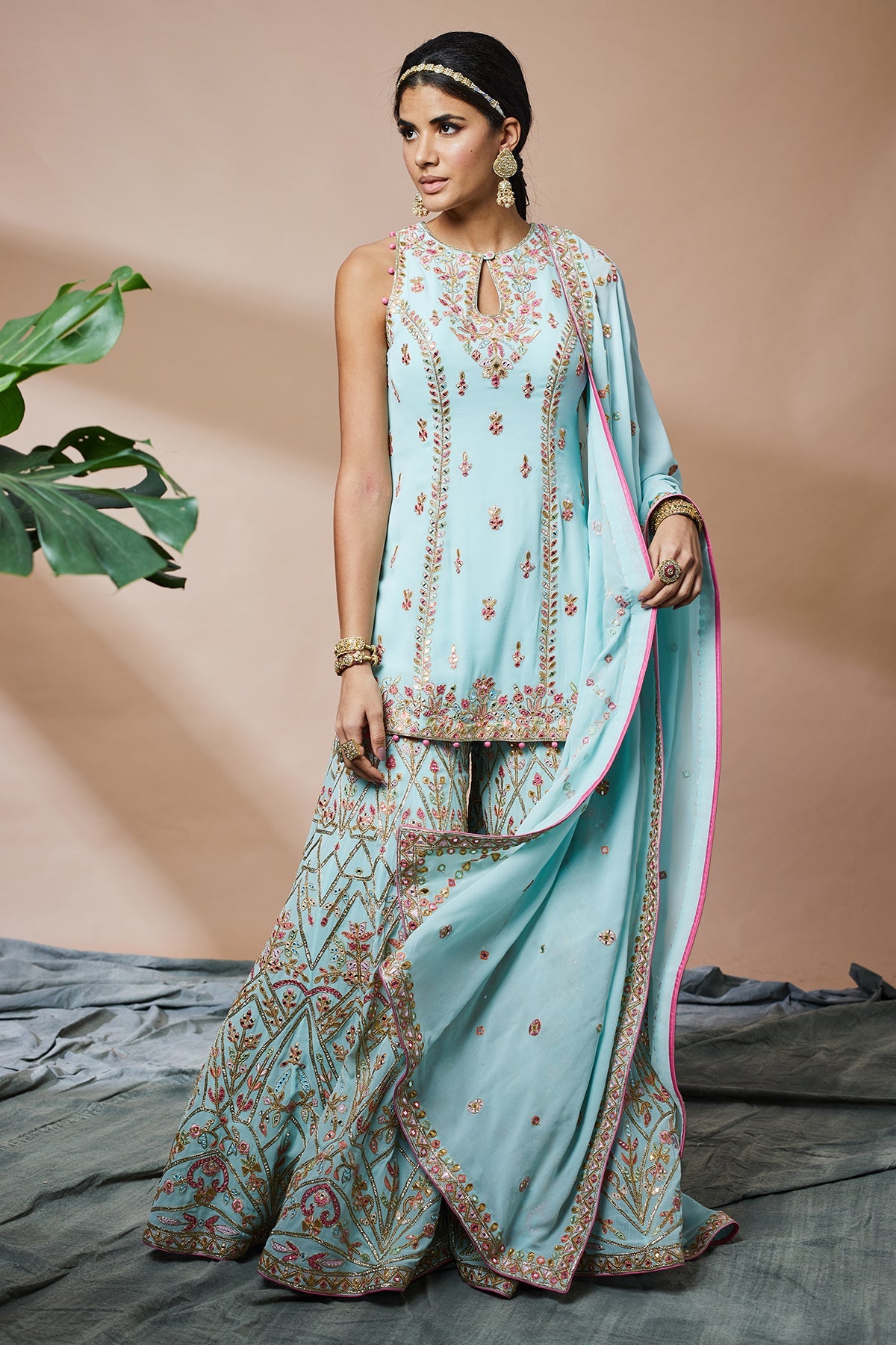 Blue Georgette Incut Kurta And Sharara Set