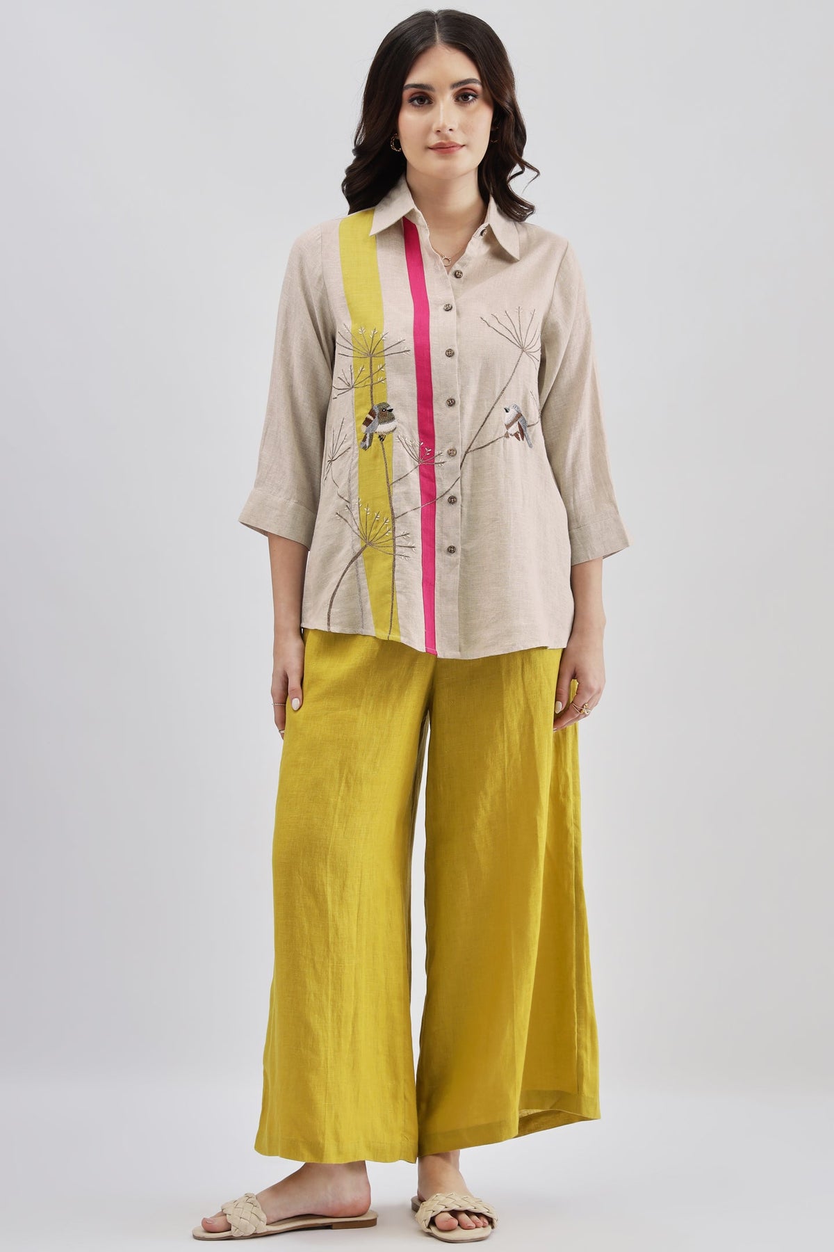 Beige Bird Embroidery Shirt