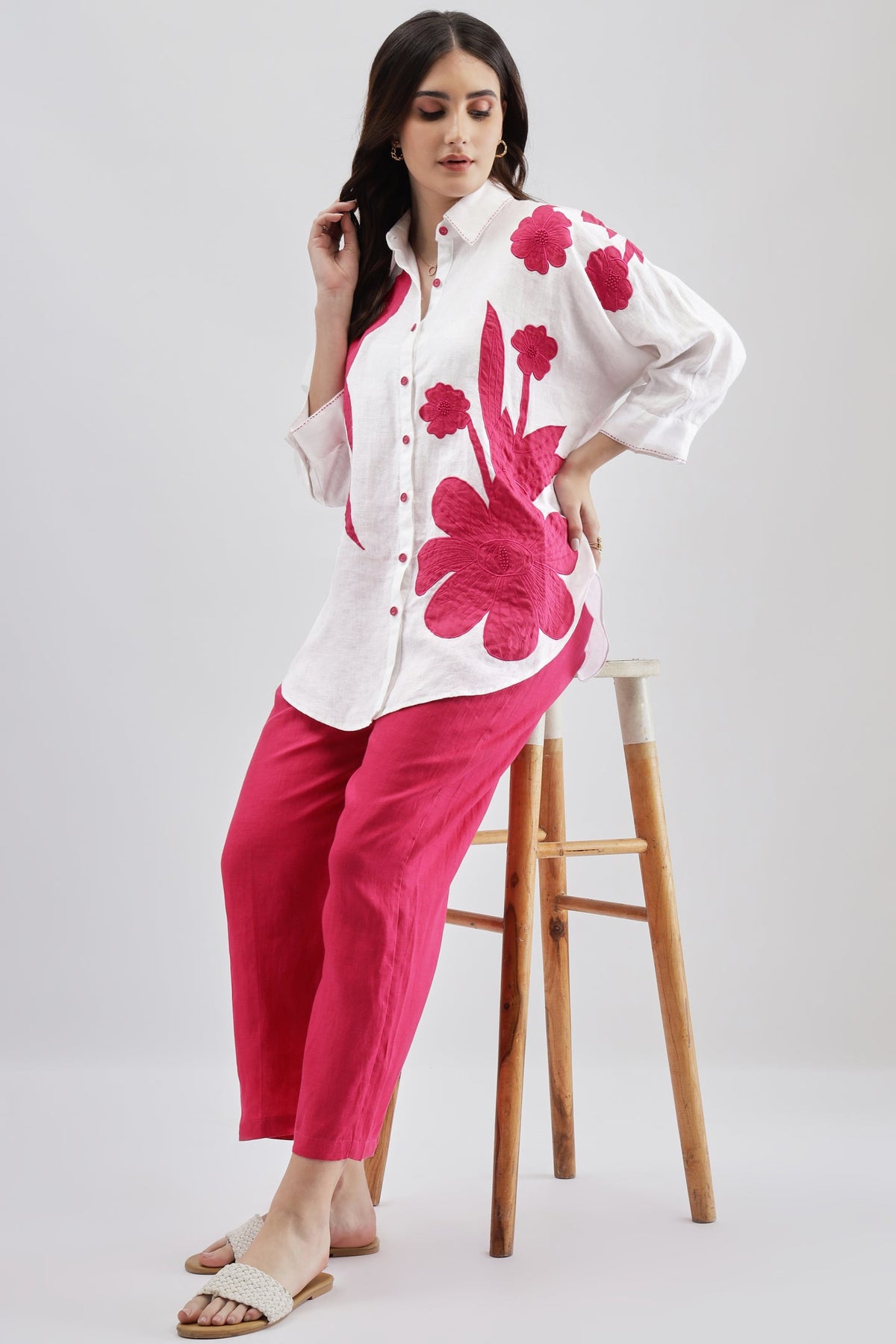 White Big Shirt With Fuschia Embroidery