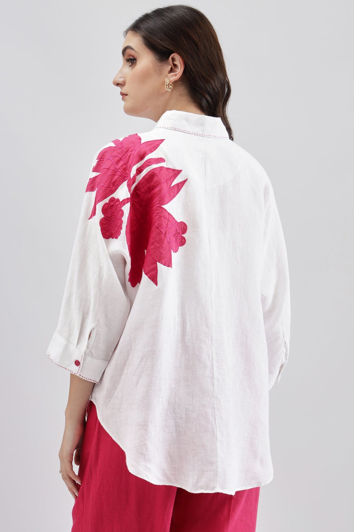 White Big Shirt With Fuschia Embroidery