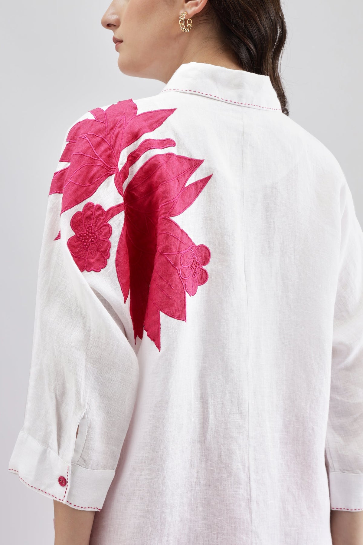 White Big Shirt With Fuschia Embroidery