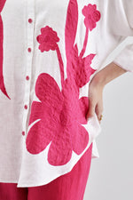 White Big Shirt With Fuschia Embroidery