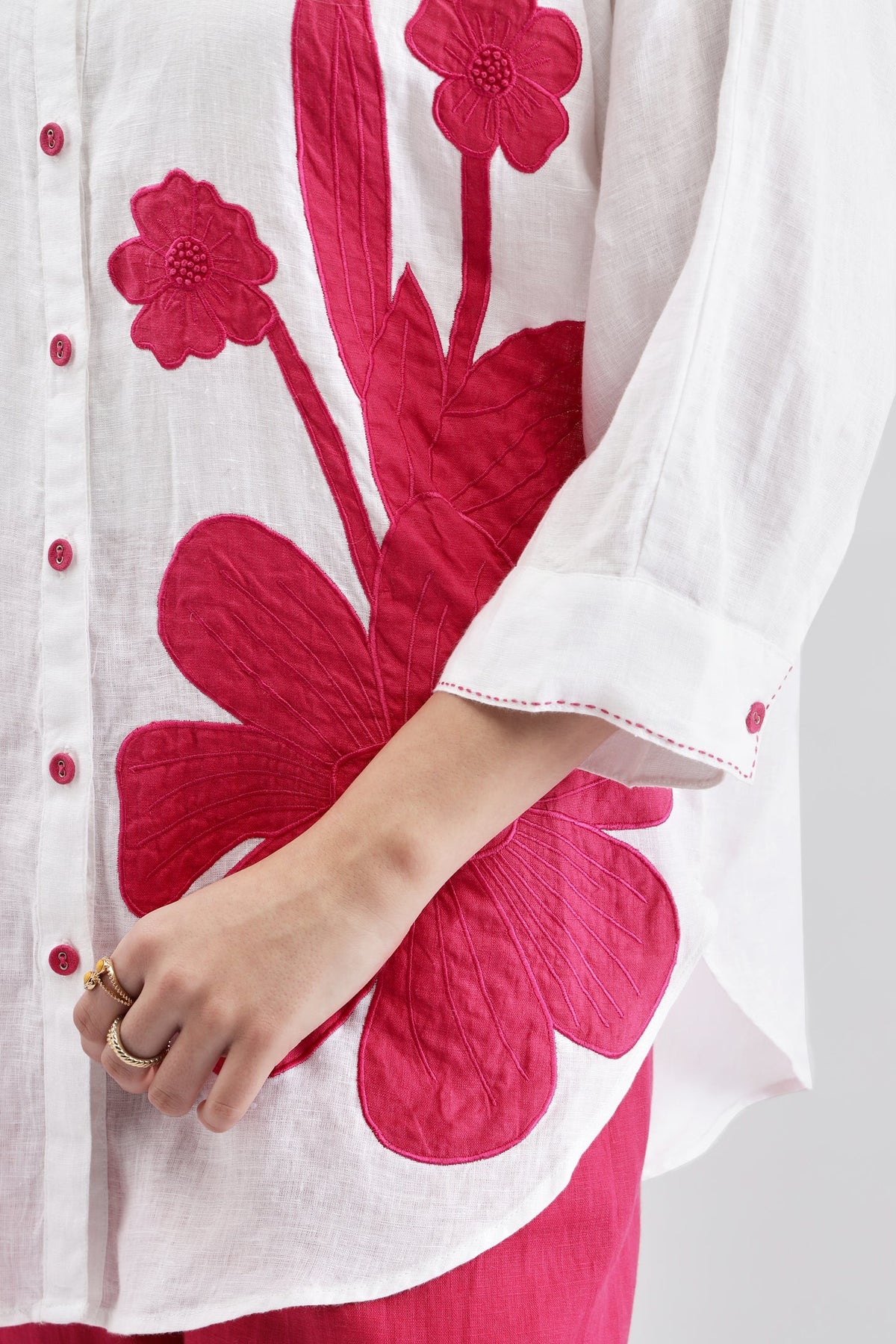 White Big Shirt With Fuschia Embroidery