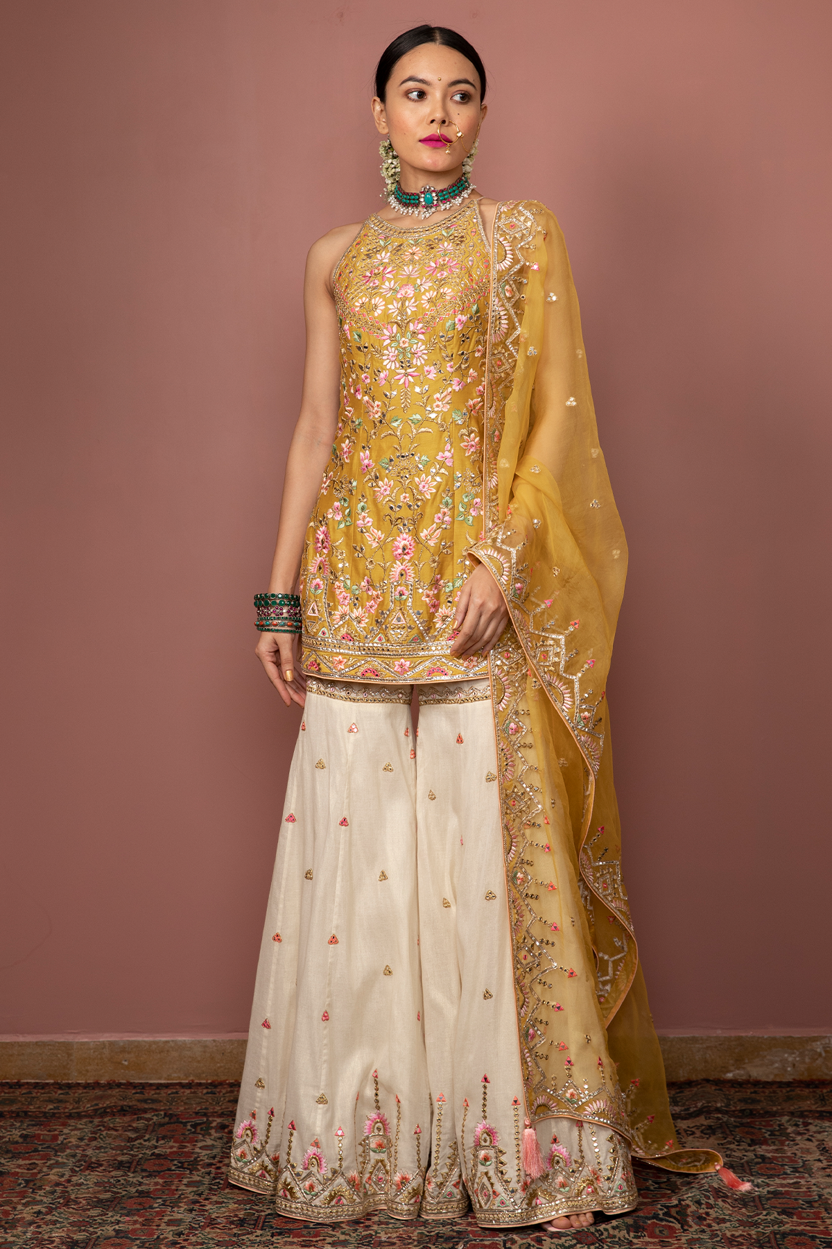 Mustard Halter Kurta With Gharara