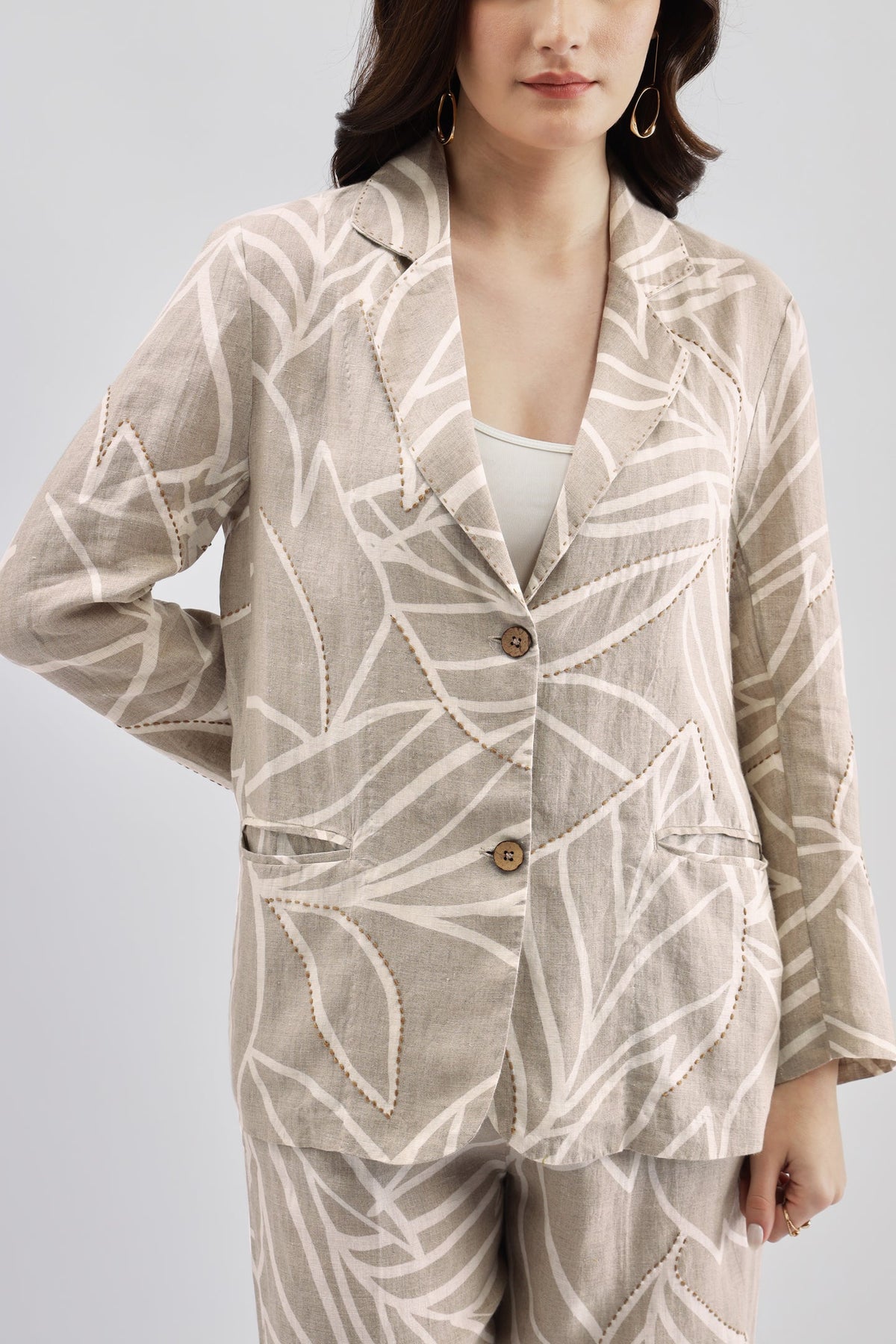 Beige Printed Kantha Work Blazer And Pants