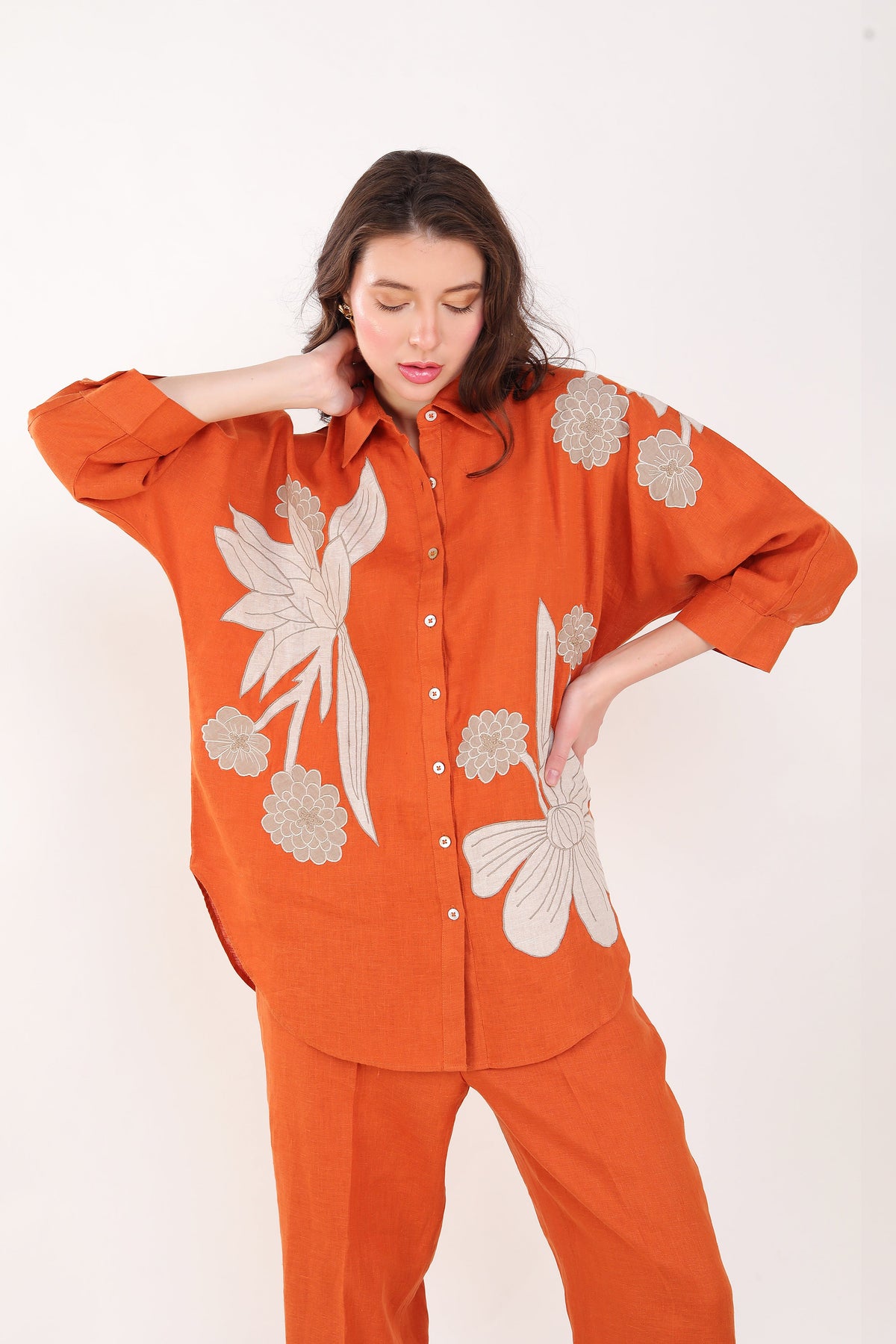Orange Big Shirt with Floral Embroidery