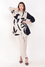 Beige/Navy Long Shirtwith Big Leaf Applique Embroidery