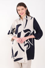 Beige/Navy Long Shirtwith Big Leaf Applique Embroidery