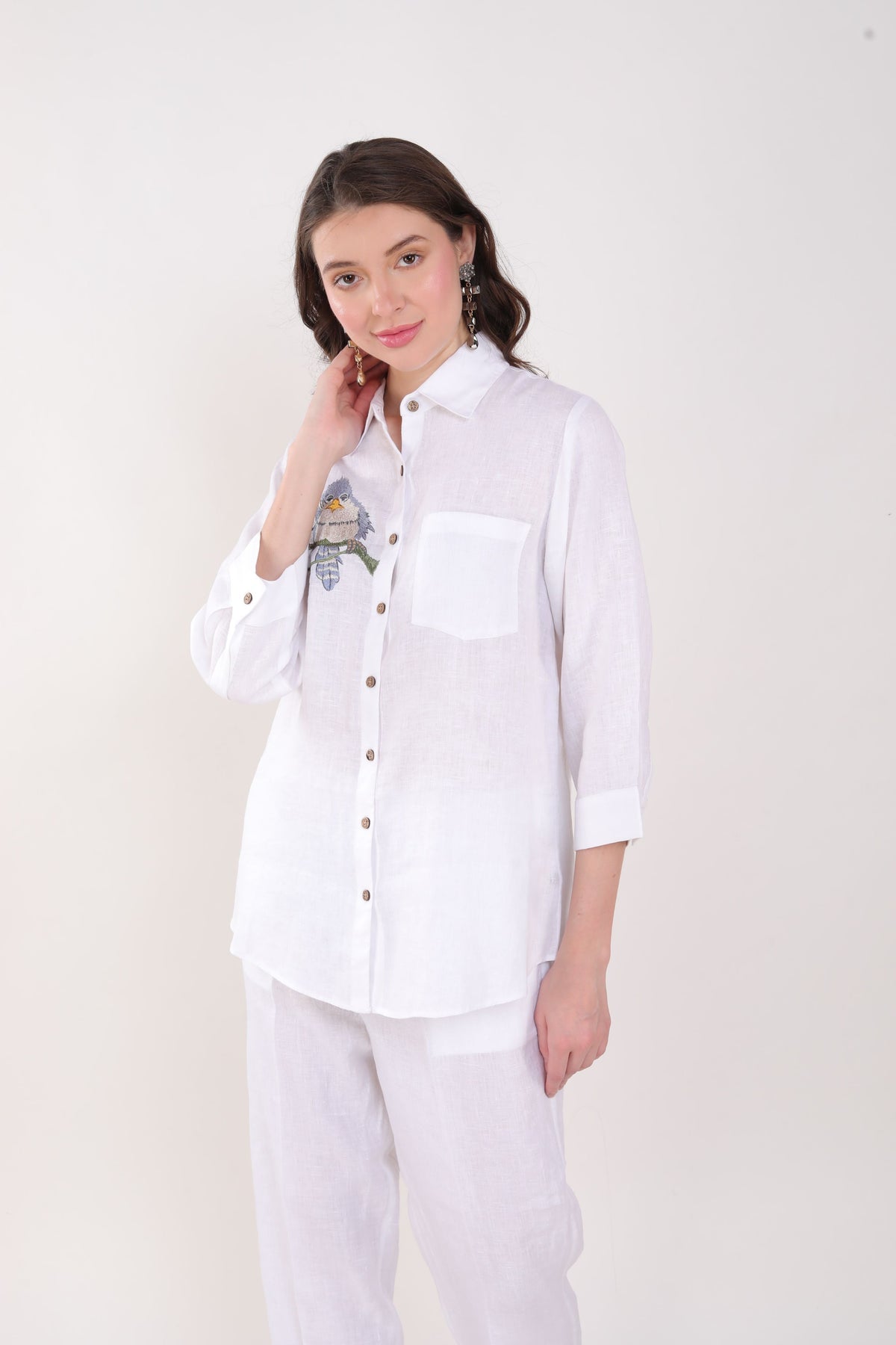 White Shirt Blue Bird Embroidery