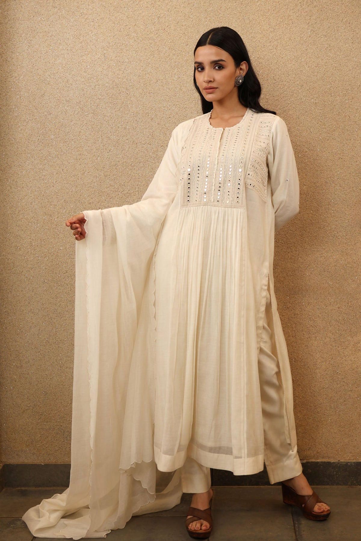 Ivory Pure Silk-Cotton Mirror-Work Kurta-Pants Set