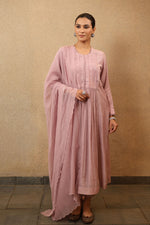 Lavender Pure Silk-Cotton Mirror-Work Kurta- Pants Set