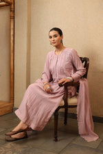 Lavender Pure Silk-Cotton Mirror-Work Kurta- Pants Set
