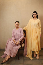 Lavender Pure Silk-Cotton Mirror-Work Kurta- Pants Set