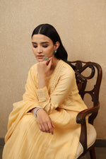 Pastel Yellow Pure Silk-Cotton Mirror-Work Kurta-Pants Set