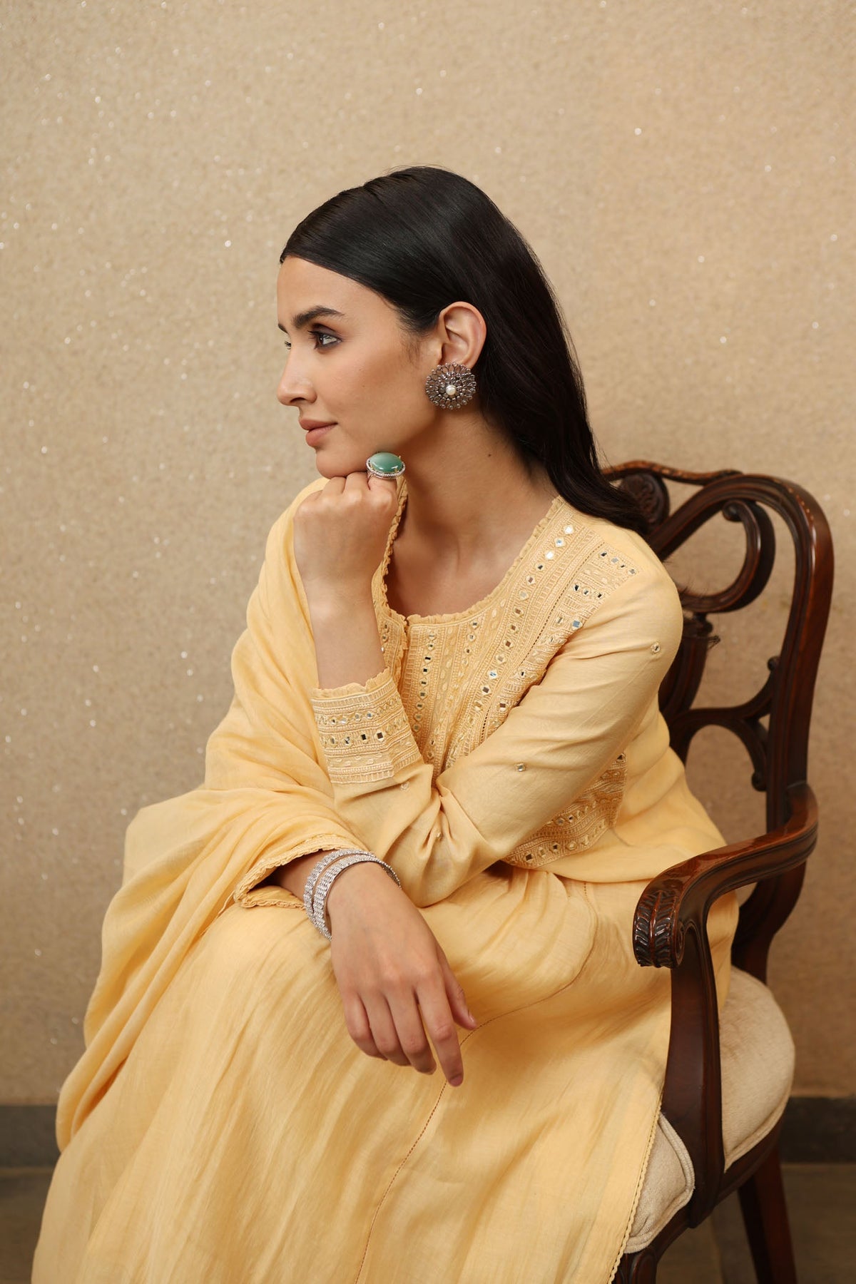 Pastel Yellow Pure Silk-Cotton Mirror-Work Kurta-Pants Set