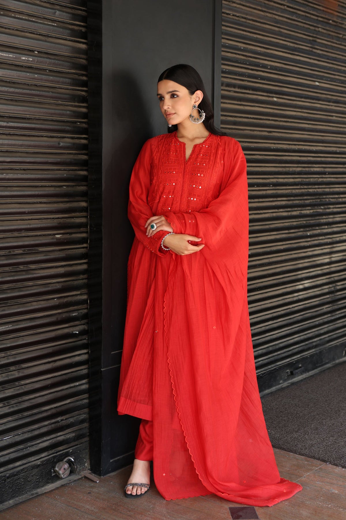 Tomato-Red Embroidered Pure Silk-Cotton Kurta-Pants Set