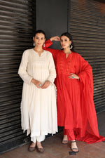Tomato-Red Embroidered Pure Silk-Cotton Kurta-Pants Set