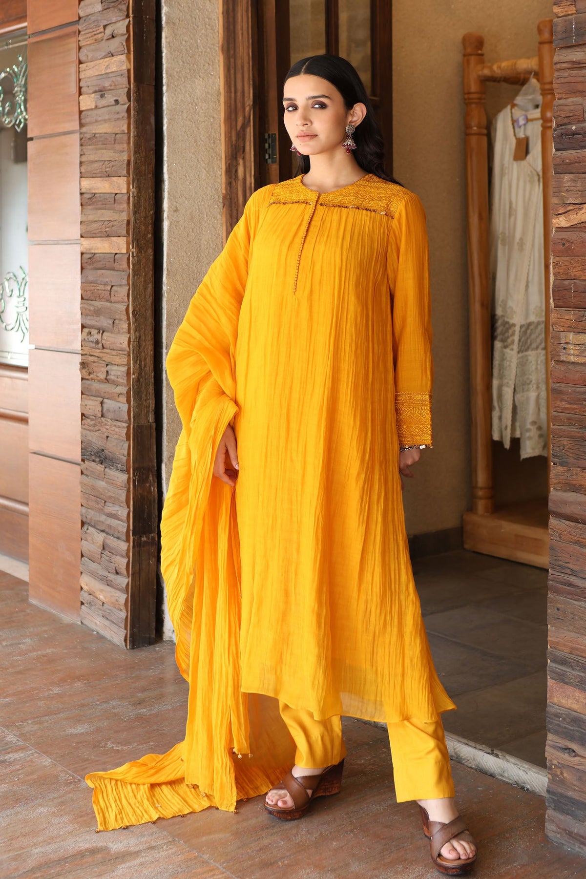 Mango-Yellow Embroidered Pure Silk-Cotton Kurta-Pants Set With Hand Embellished Sequins And Front Yoke Gathers