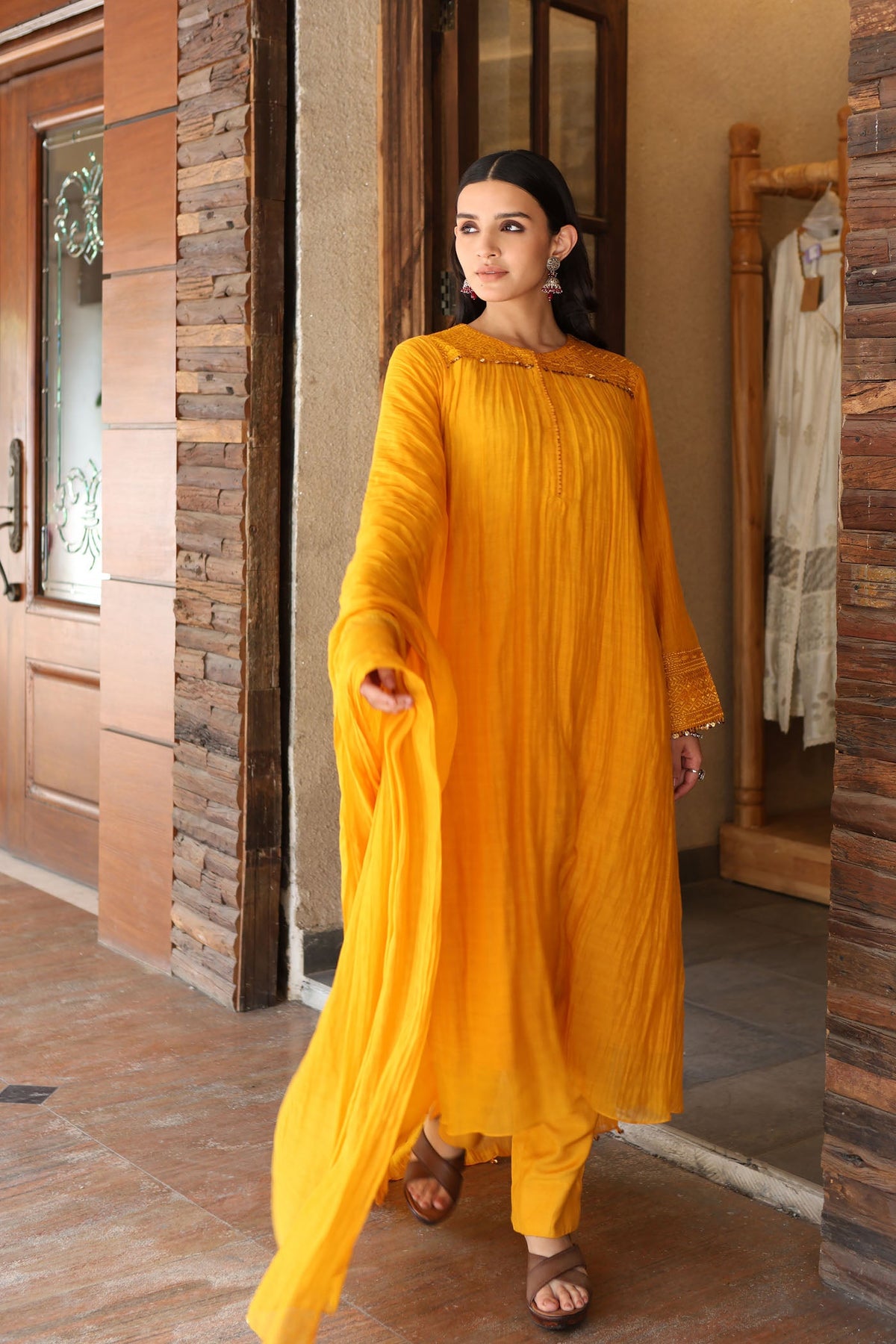 Mango-Yellow Embroidered Pure Silk-Cotton Kurta-Pants Set With Hand Embellished Sequins And Front Yoke Gathers