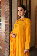 Mango-Yellow Embroidered Pure Silk-Cotton Kurta-Pants Set With Hand Embellished Sequins And Front Yoke Gathers
