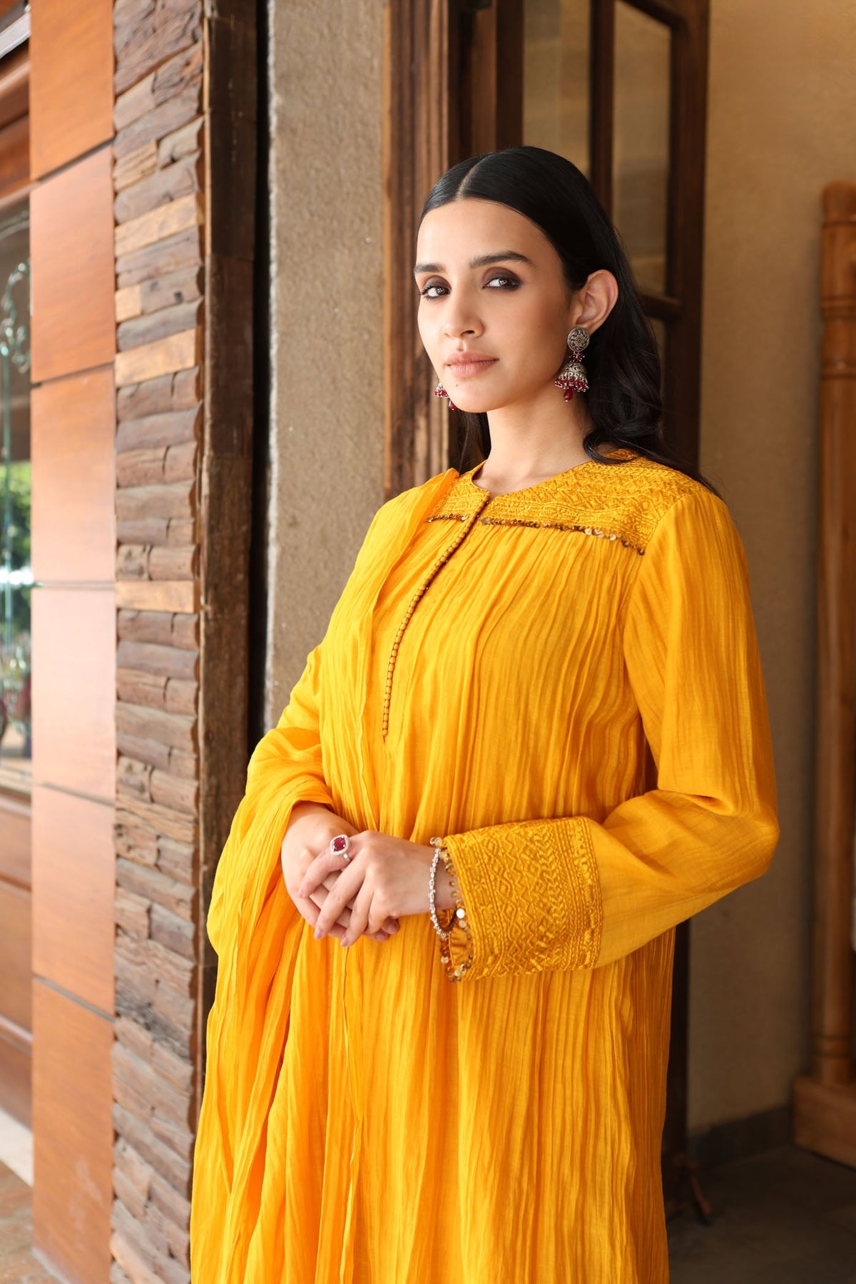 Mango-Yellow Embroidered Pure Silk-Cotton Kurta-Pants Set With Hand Embellished Sequins And Front Yoke Gathers
