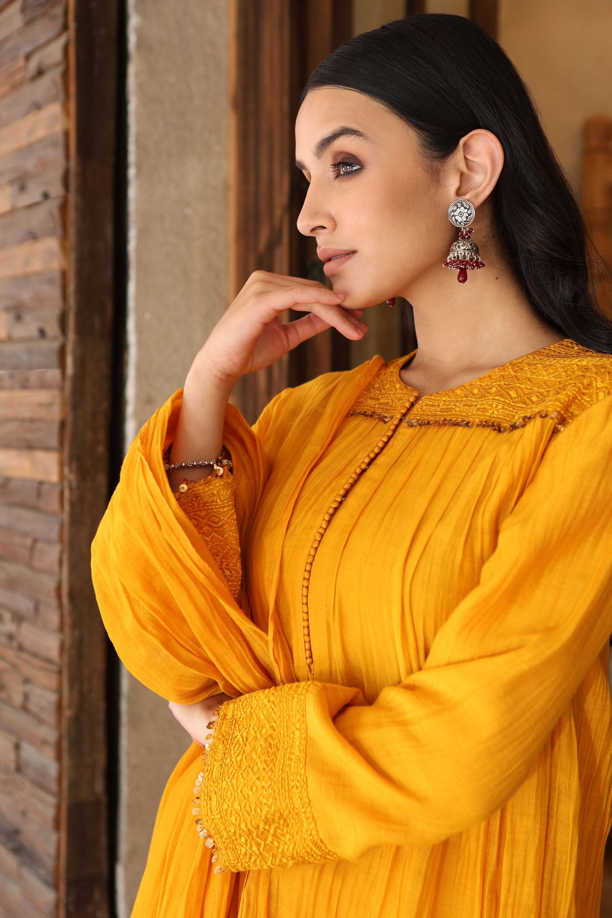 Mango-Yellow Embroidered Pure Silk-Cotton Kurta-Pants Set With Hand Embellished Sequins And Front Yoke Gathers