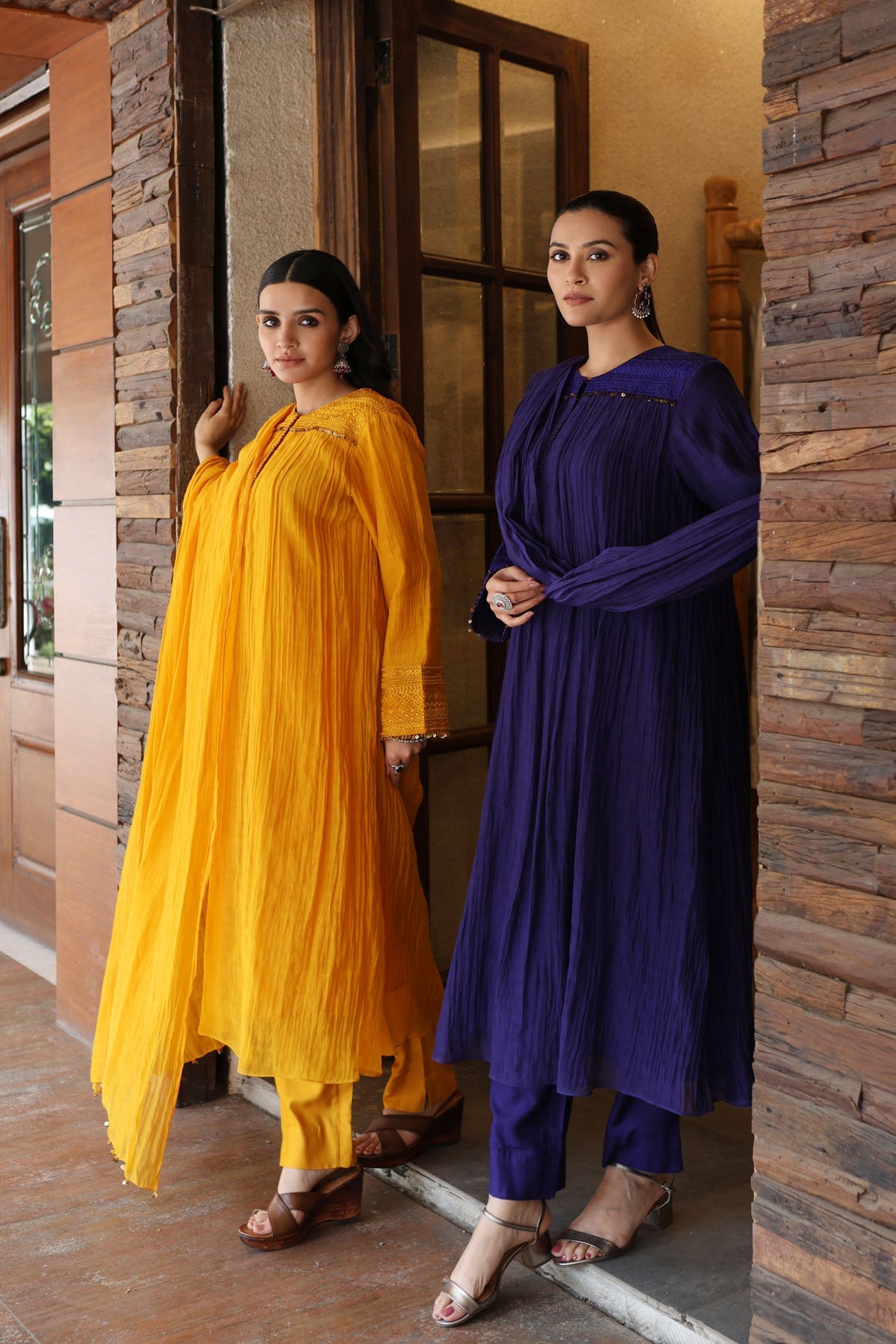 Mango-Yellow Embroidered Pure Silk-Cotton Kurta-Pants Set With Hand Embellished Sequins And Front Yoke Gathers