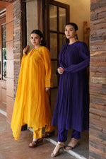 Mango-Yellow Embroidered Pure Silk-Cotton Kurta-Pants Set With Hand Embellished Sequins And Front Yoke Gathers